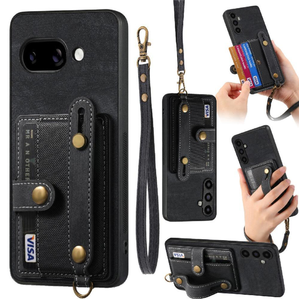(Black) Case For Google Pixel 9A Wallet Shockproof Wristband Strap Black 764544151764