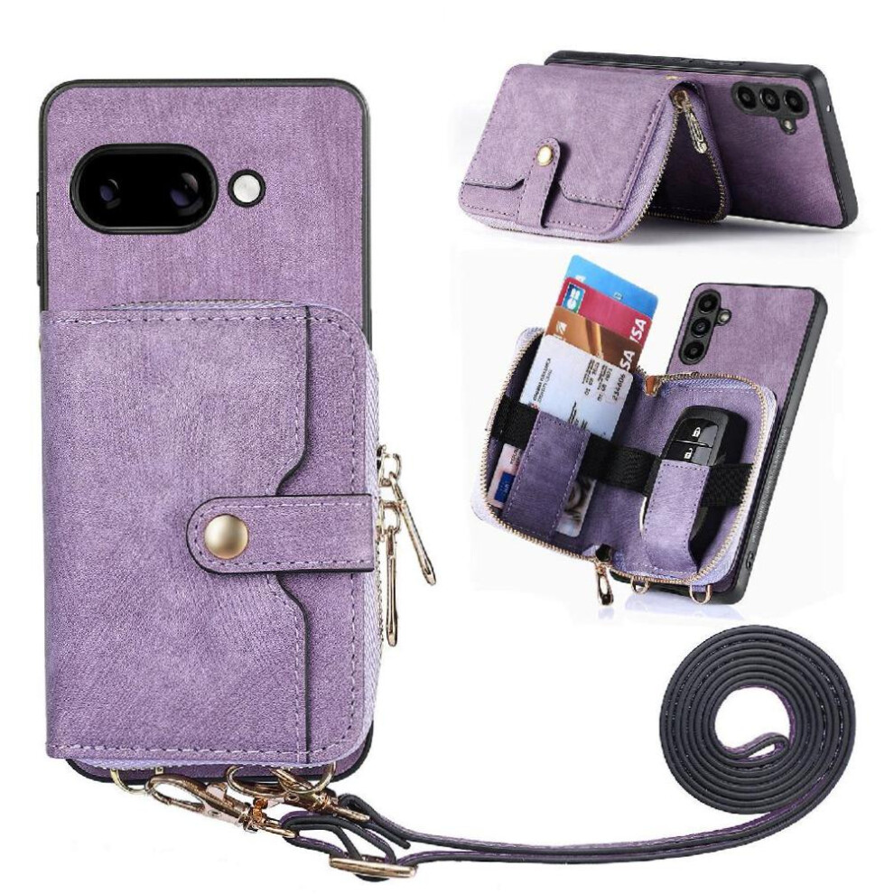 (Purple) Case For Google Pixel 9A 7 Card Slots Stand Premium Leather Zipper Closure Adjustable Lanyard Purple 764544152075