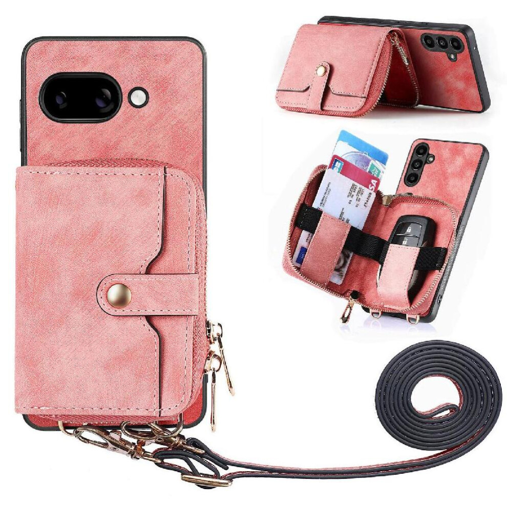 (Pink) Case For Google Pixel 9A 7 Card Slots Stand Premium Leather Zipper Closure Adjustable Lanyard Pink 764544152068