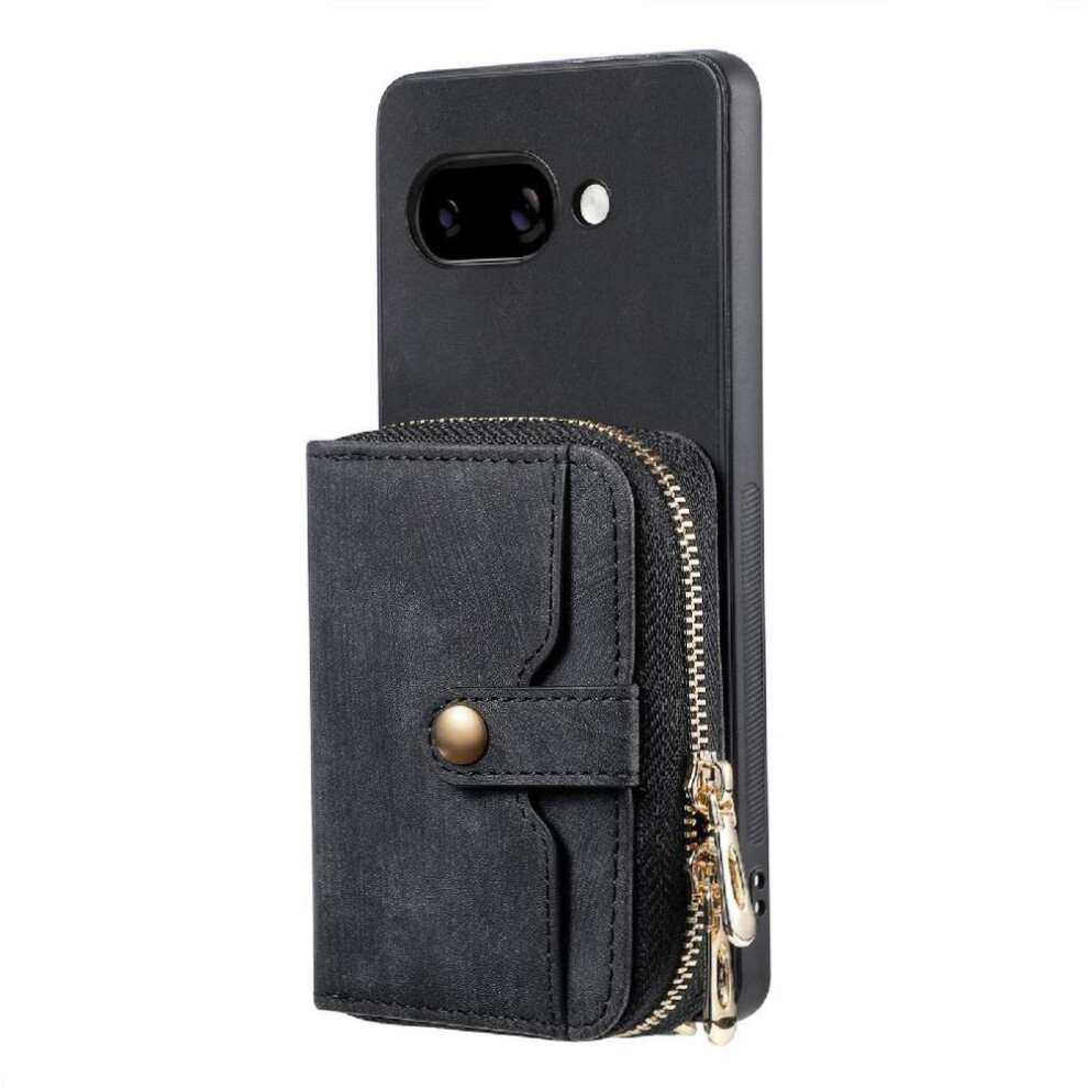 (Black) Case For Google Pixel 9A 7 Card Slots Stand Premium Leather Zipper Closure Adjustable Lanyard Black 764544152020