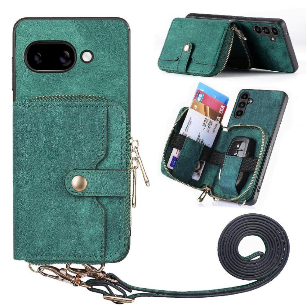 (Green) Case For Google Pixel 9A 7 Card Slots Stand Premium Leather Zipper Closure Adjustable Lanyard Green 764544152051