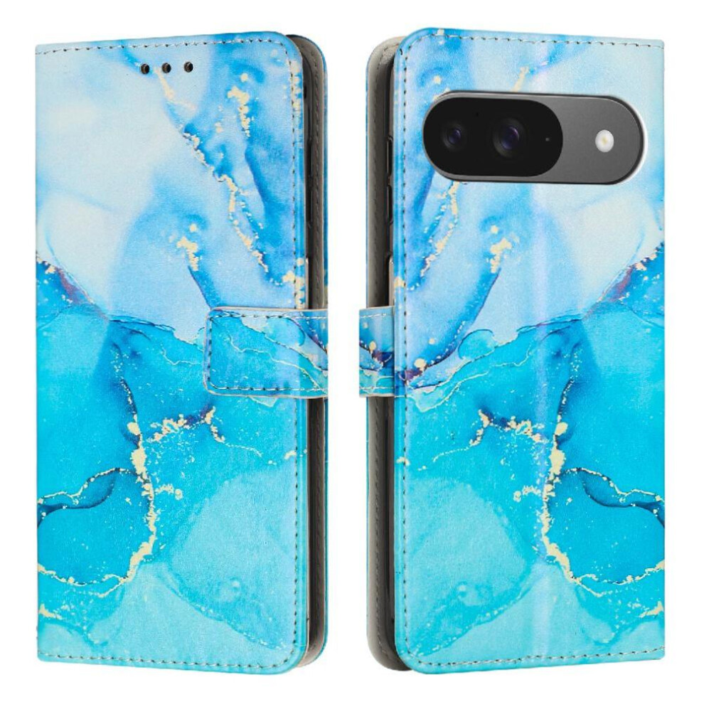 (Bluish ) Flip Case For Google Pixel 9/9 Pro Painted Marble Buckle Flap Wallet Case Card Insertion Green 764544152907