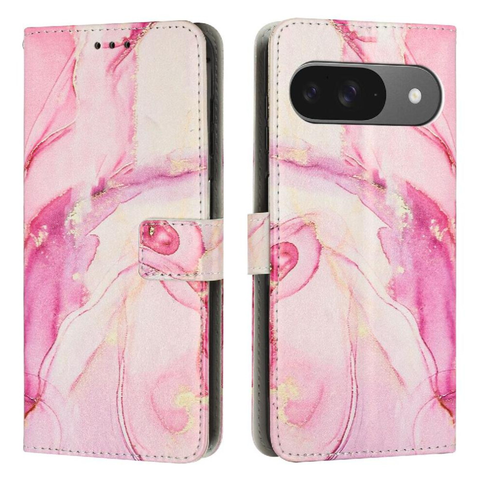 (Rose ) Flip Case For Google Pixel 9 Card Insertion Painted Marble Wallet Case Buckle Flap Gold 764544152983
