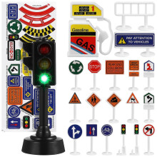 (As show, One size) 56 Pcs Play Traffic Signs Street Road Signs Road Signal Toys with 2 Pcs Traffic Light Models for Children