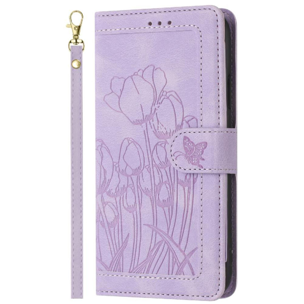 ( Violet) Wallet Case For Google Pixel 9 Kickstand Wrist Strap Tulip Embossed Flip Case Pu Leather Magnetic Closure Light 764544154017