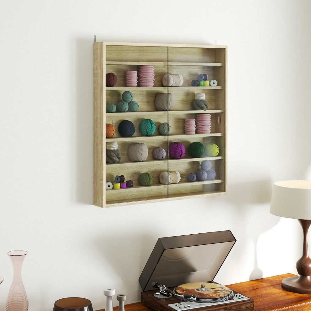 HOMCOM 7-Tier Wall Display Cabinet w/ Shelves Glass Doors, Oak