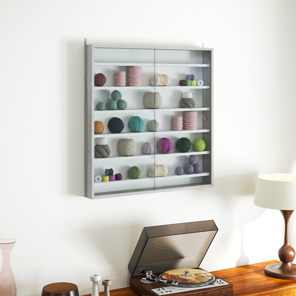 HOMCOM 7-Tier Wall Display Cabinet w/ Glass Doors, Graphite Wood Effect