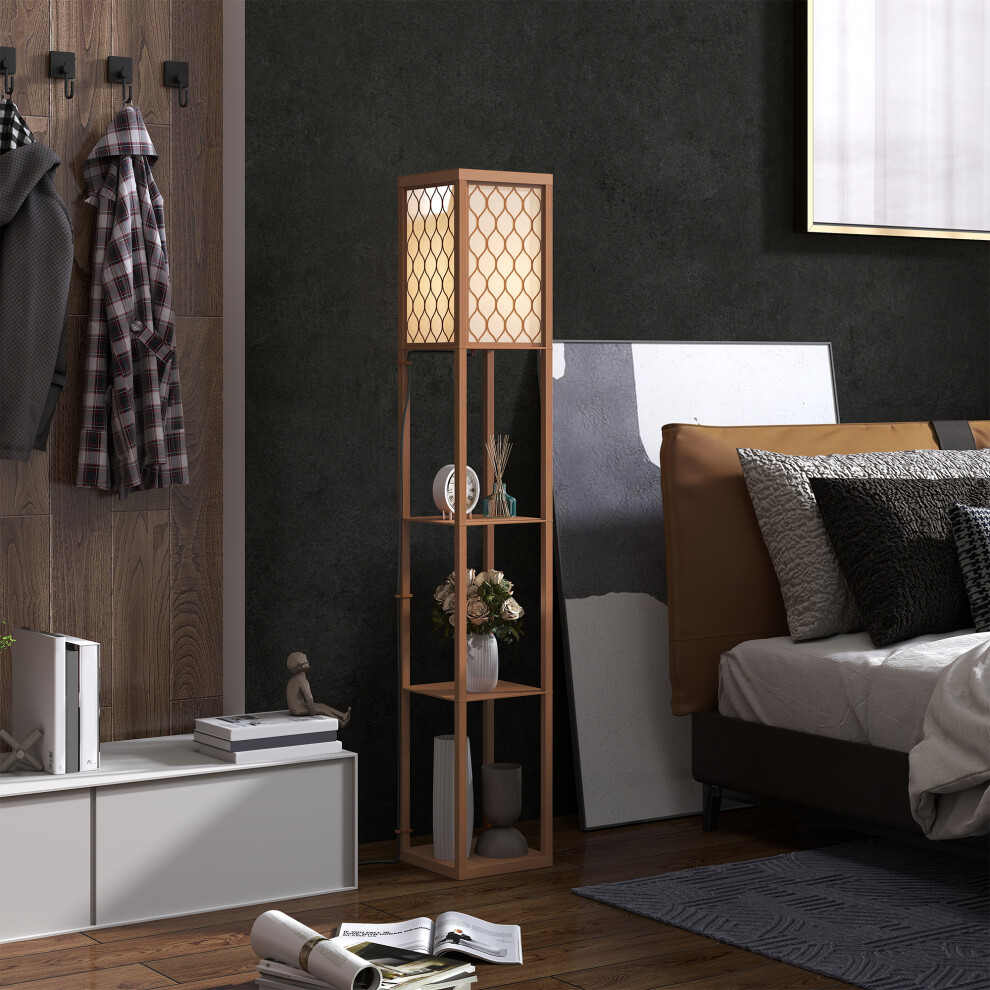 Homcom Modern Floor Lamp Light With 3 Shelves Fabric Lampshade Natural