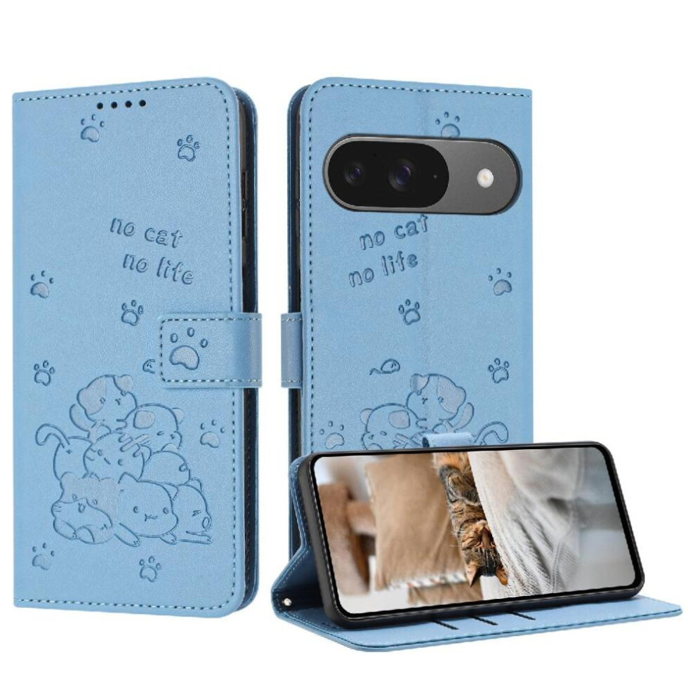 (Blue) Flip Case For Google Pixel 9 Card Holder Kickstand Pu Leather Leather Wallet Cute Cat Blue 764544154352
