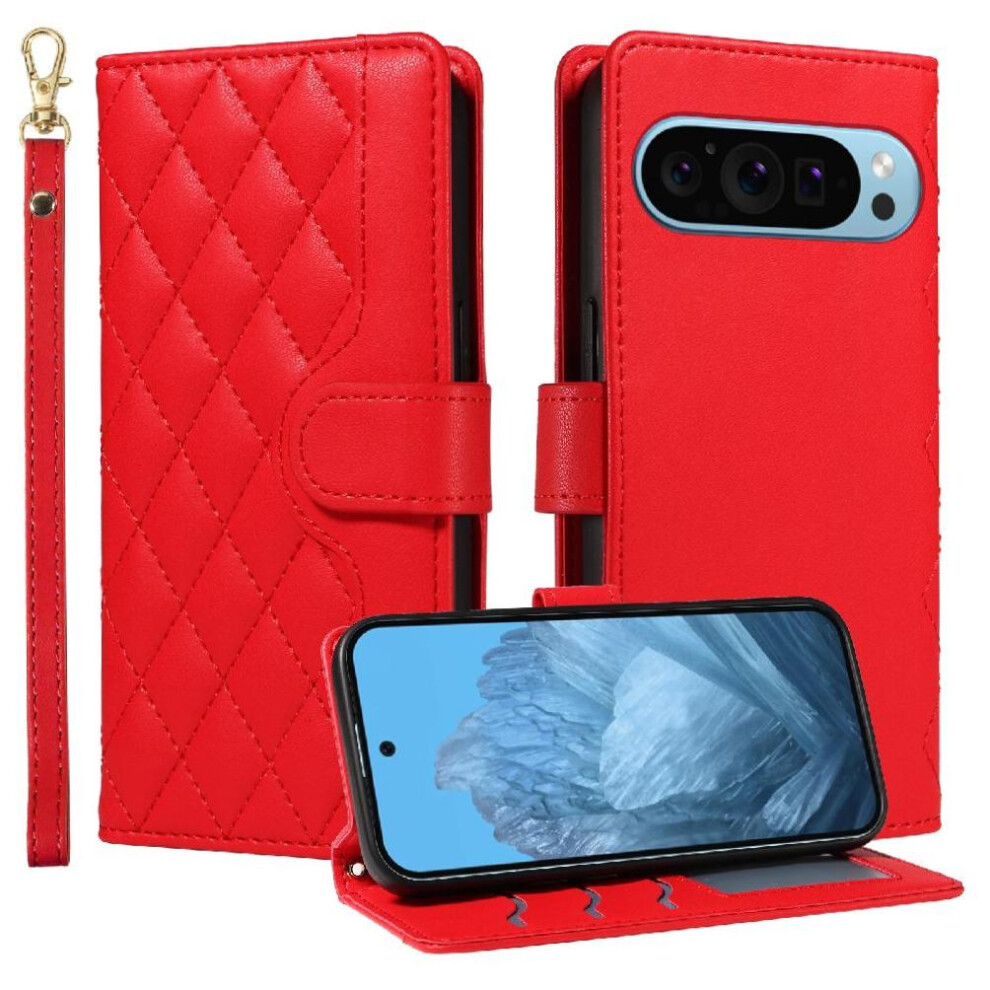 Photos - Case  Flip  for Google Pixel 9 Wallet Card Slots Lattice Flip Folio Phone  with Stand Detachable Wrist Strap and Lon(Red)