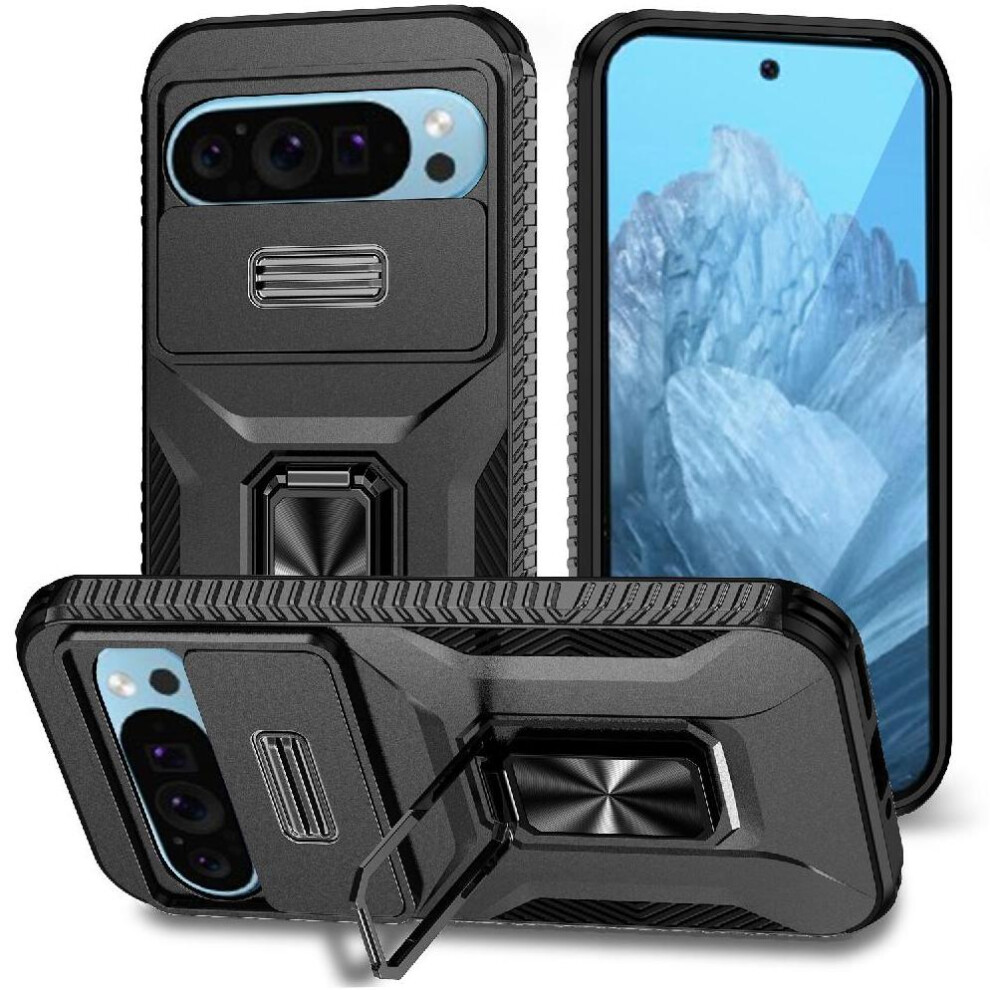 (Black) Case For Google Pixel 9 Pro Shockproof Ring Hodler Lens Protection Car Magnet Black 764544154857