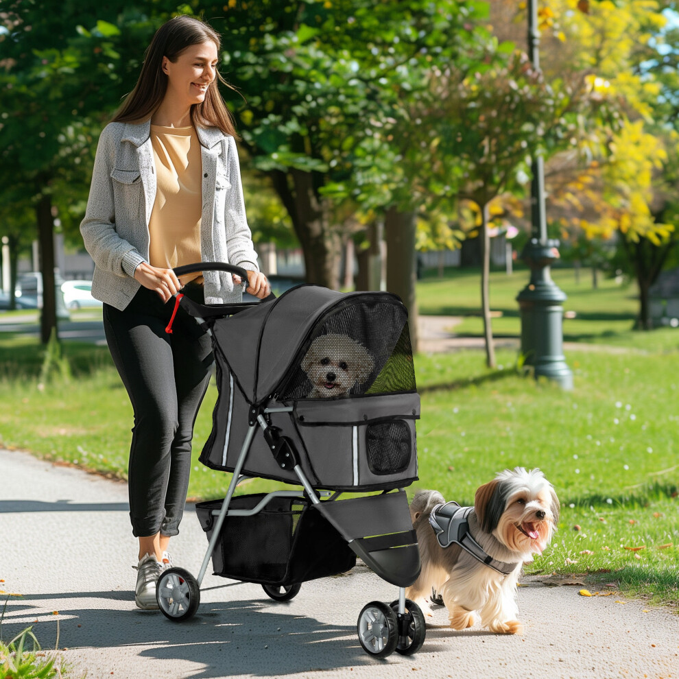 PawHut Pet Stroller Pushchair Carrier for Cat Puppy with 3 Wheels Dark Grey