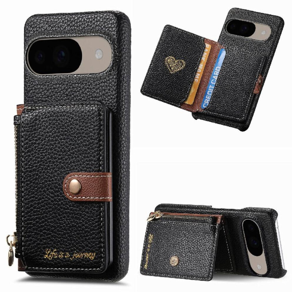 (Black) Case For Google Pixel 9 Zipper Wallet Stand Shockproof Wallet Black 764544156394