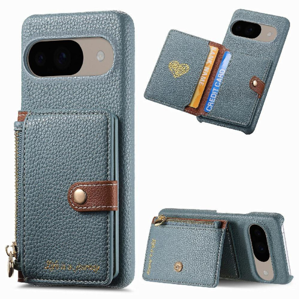 (Blue) Case For Google Pixel 9 Zipper Wallet Stand Shockproof Wallet Blue 764544156400