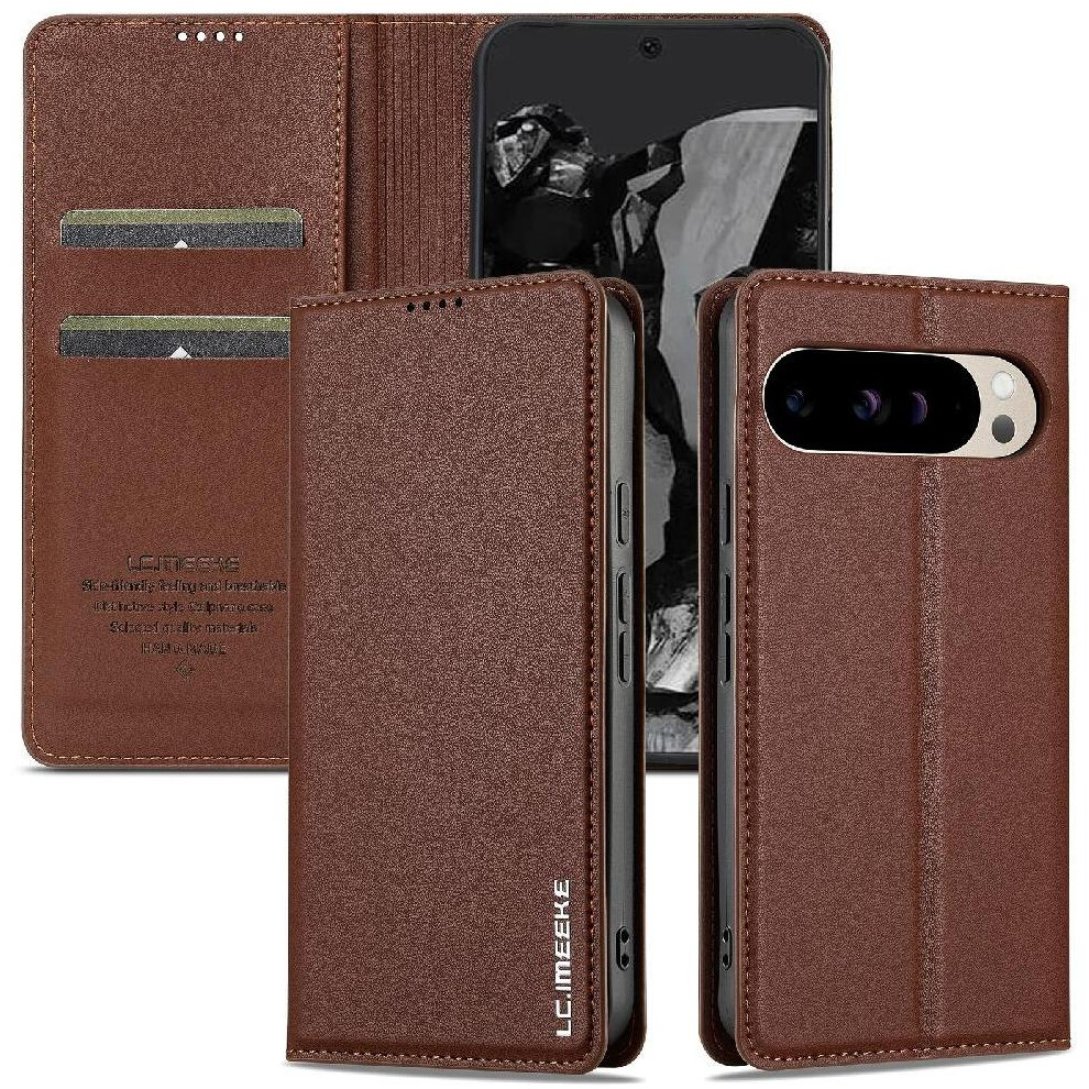 (Brown) Flip Case For Google Pixel 9 Kickstand Card Holder Magnetic Wallet Thin Pu Leather Brown 764544156912