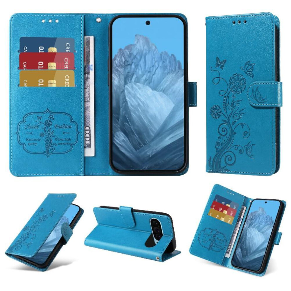 (Blue) Flip Case For Google Pixel 9 Flower Flip Leather Cardslots Blue 764544156981