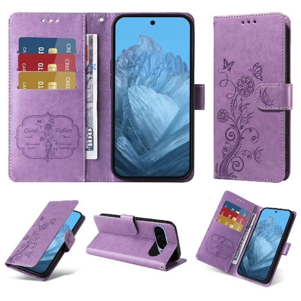 (Purple) Flip Case For Google Pixel 9 Flower Flip Leather Cardslots Purple 764544156967