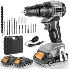 (Cordless Drill-Brushless) Brushless Cordless Hammer Drill Driver 21V, 2 Batteries 2000mAh, 20+3 Torque, 45N.m Max, 14PCS Drill Bits, 2 Speed, LED Light for Home, G...