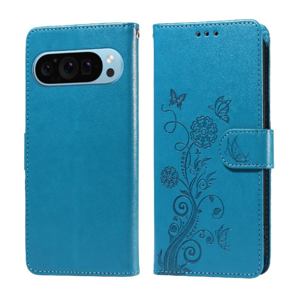 (Blue) Flip Case For Google Pixel 9 Pro Leather Flip Flower Cardslots Blue 764544157032