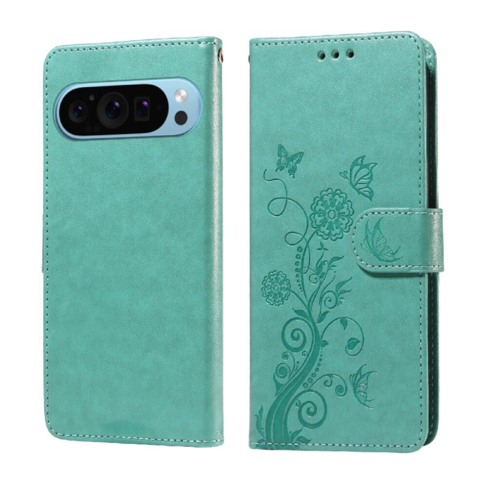 (Green) Flip Case For Google Pixel 9 Pro Leather Flip Flower Cardslots Green 764544157025