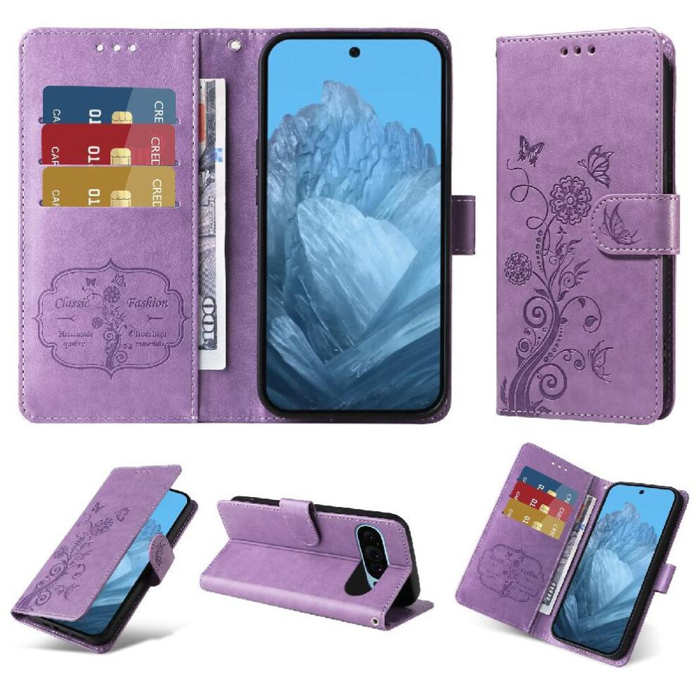 (Purple) Flip Case For Google Pixel 9 Pro Leather Flip Flower Cardslots Purple 764544157018