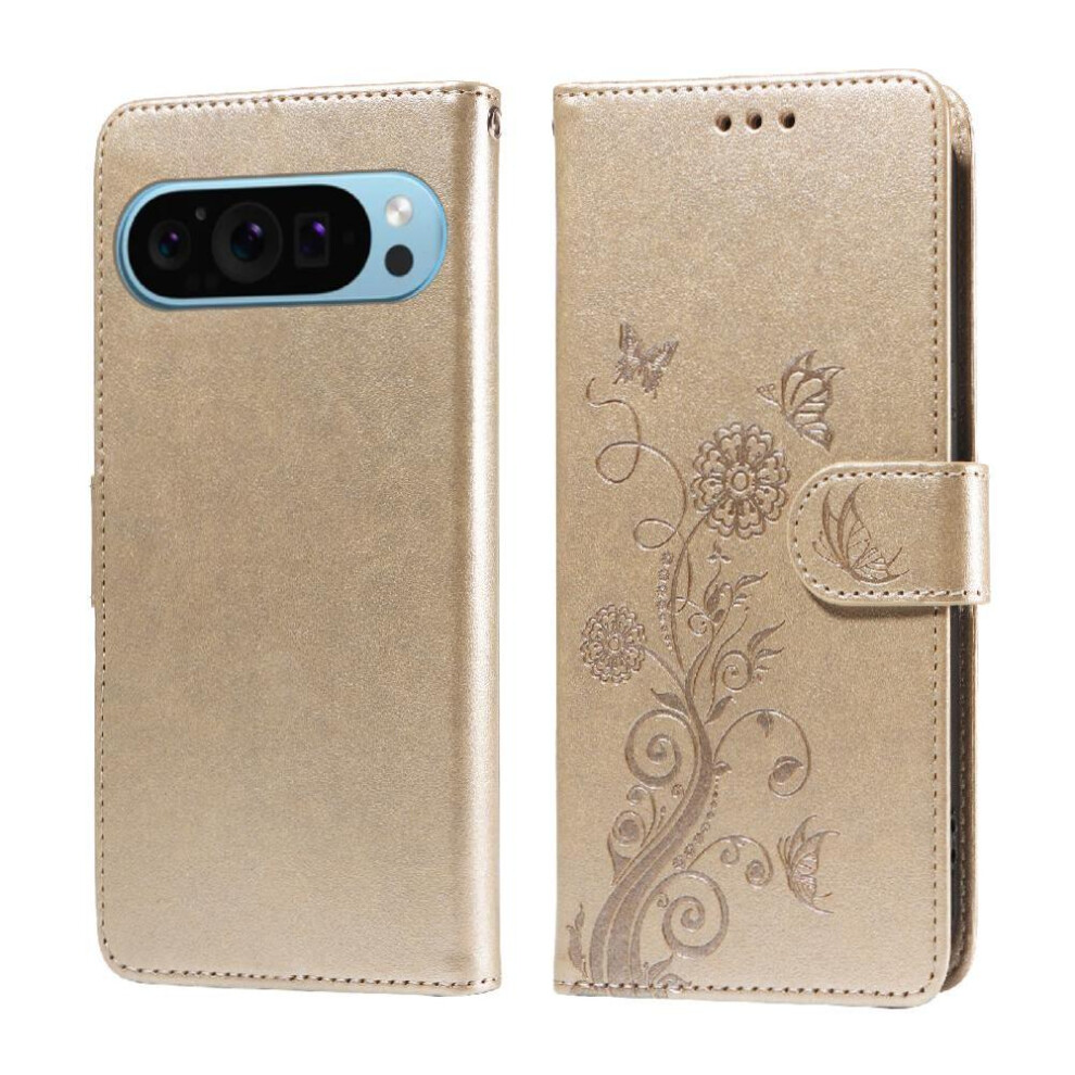 (Gold) Flip Case For Google Pixel 9 Pro Leather Flip Flower Cardslots Gold 764544157049