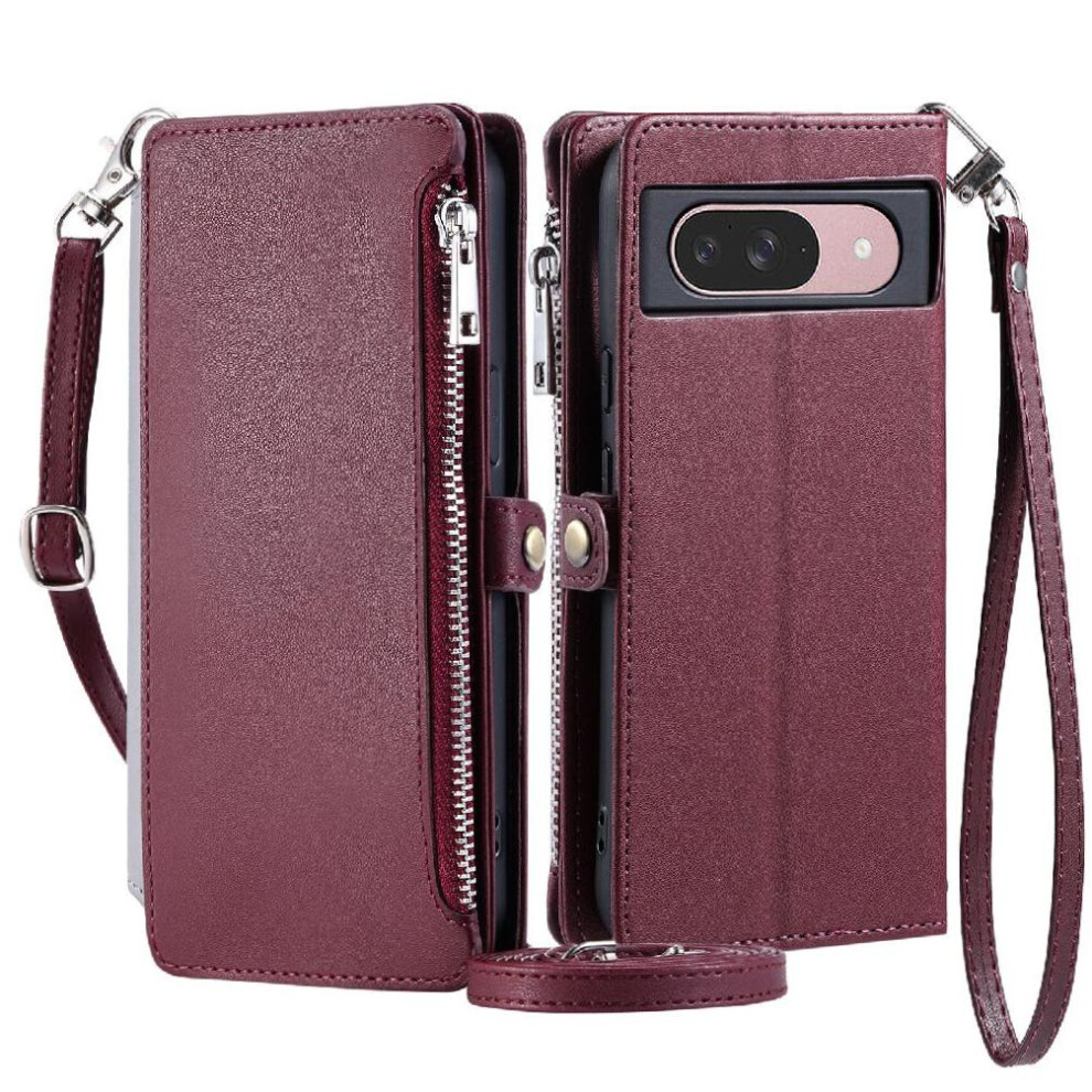 (Red) Crossbody Case For Google Pixel 9 Pro Zipper Bills Slot Long Lanyard 9 Card Slots Case Wallet Rfid Blocking Red 764544157650