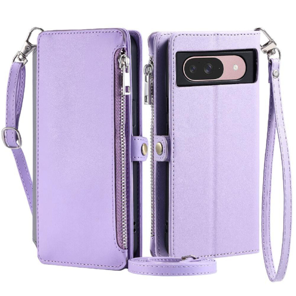 (Purple) Crossbody Case For Google Pixel 9 Pro Zipper Bills Slot Long Lanyard 9 Card Slots Case Wallet Rfid Blocking Purple 764544157636