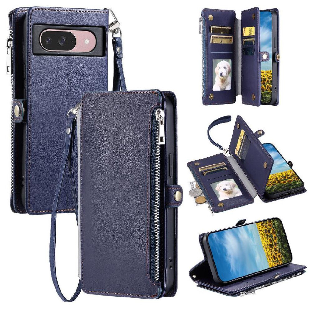 (Blue) Crossbody Case For Google Pixel 9 Pro Zipper Bills Slot Long Lanyard 9 Card Slots Case Wallet Rfid Blocking Blue 764544157667
