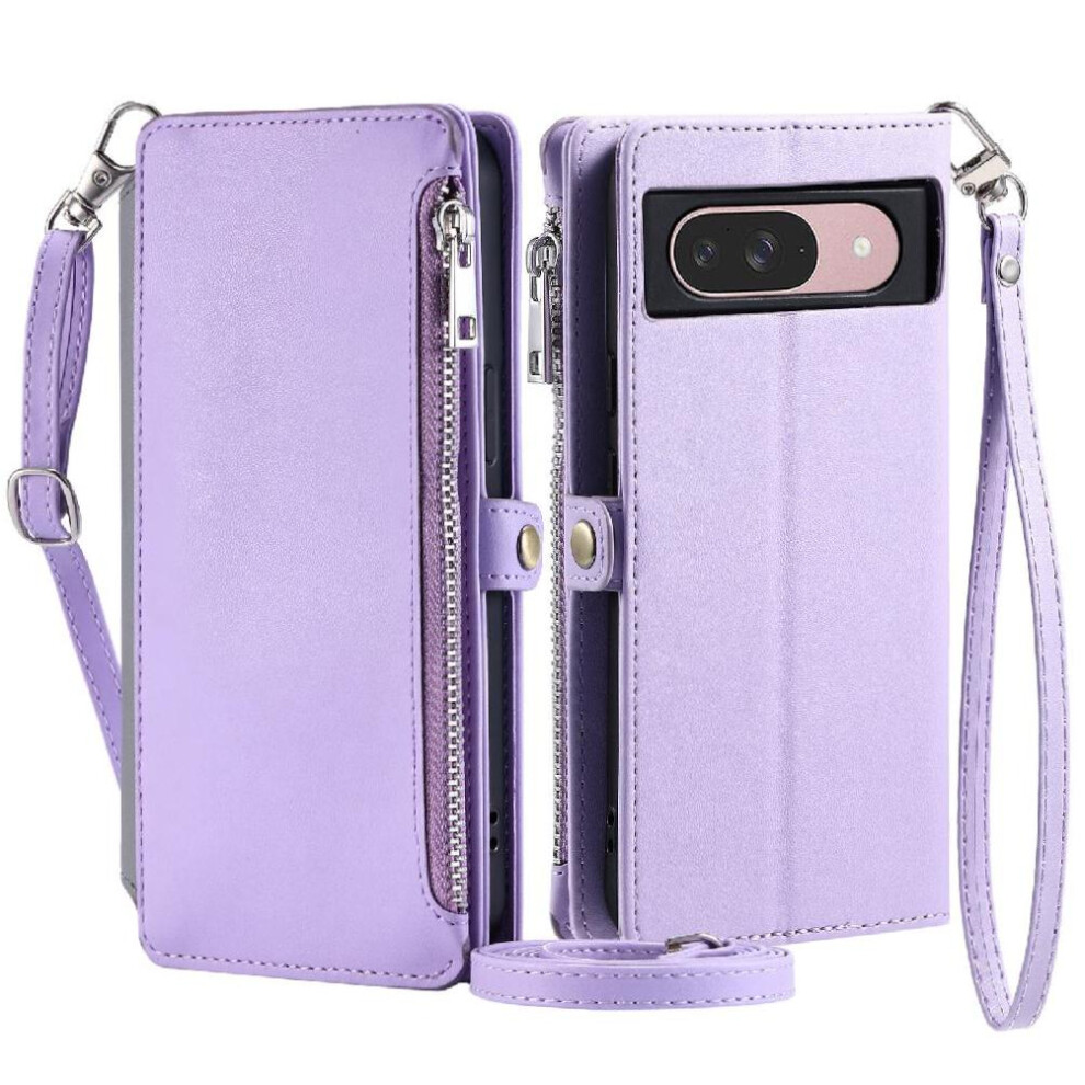 (Purple) Crossbody Case For Google Pixel 9 9 Card Slots Long Lanyard Case Wallet Zipper Bills Slot Rfid Blocking Purple 764544157681