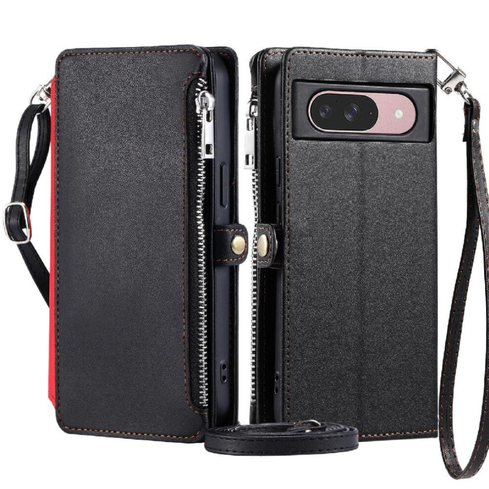 (Black) Crossbody Case For Google Pixel 9 9 Card Slots Long Lanyard Case Wallet Zipper Bills Slot Rfid Blocking Black 764544157728