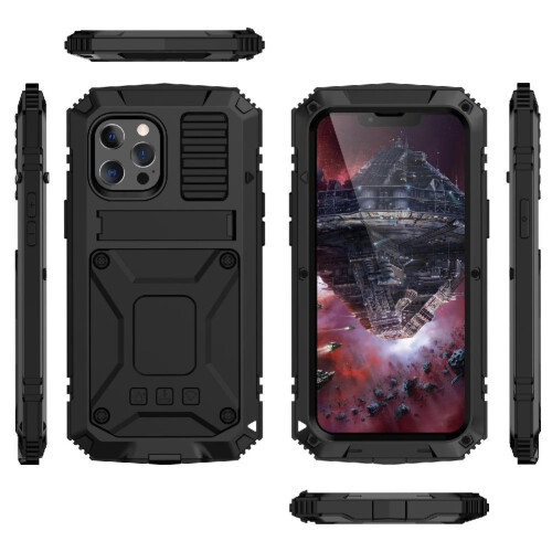 (Black) Metal Case for iphone 13 Mini Shockproofheavy 360 Full Body Protective Cover Withkickstand Glass Screen Protector