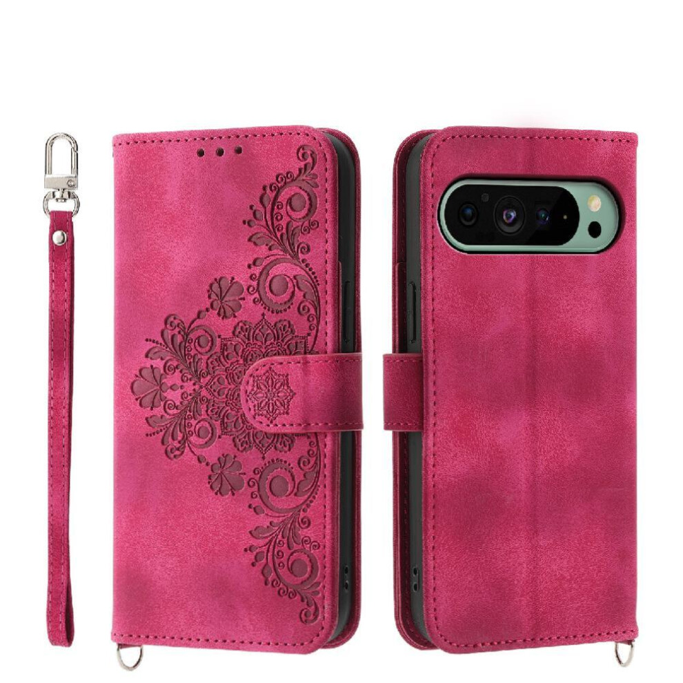 (Red) Flip Case For Google Pixel 9 Multiple Credit Card Slots Shockproof Embossed Wristband Red 764544163224