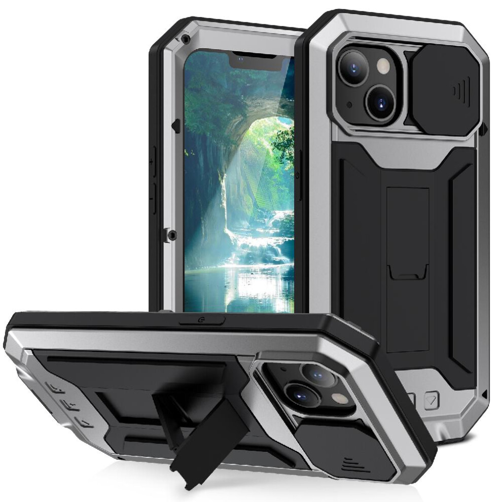 (Silver) Metal Stand Phone Case for iphone 13 Heavy Duty Shockproof Built In Camera Kickstand 360 Full Body Protective Cover Glass Screen Protector