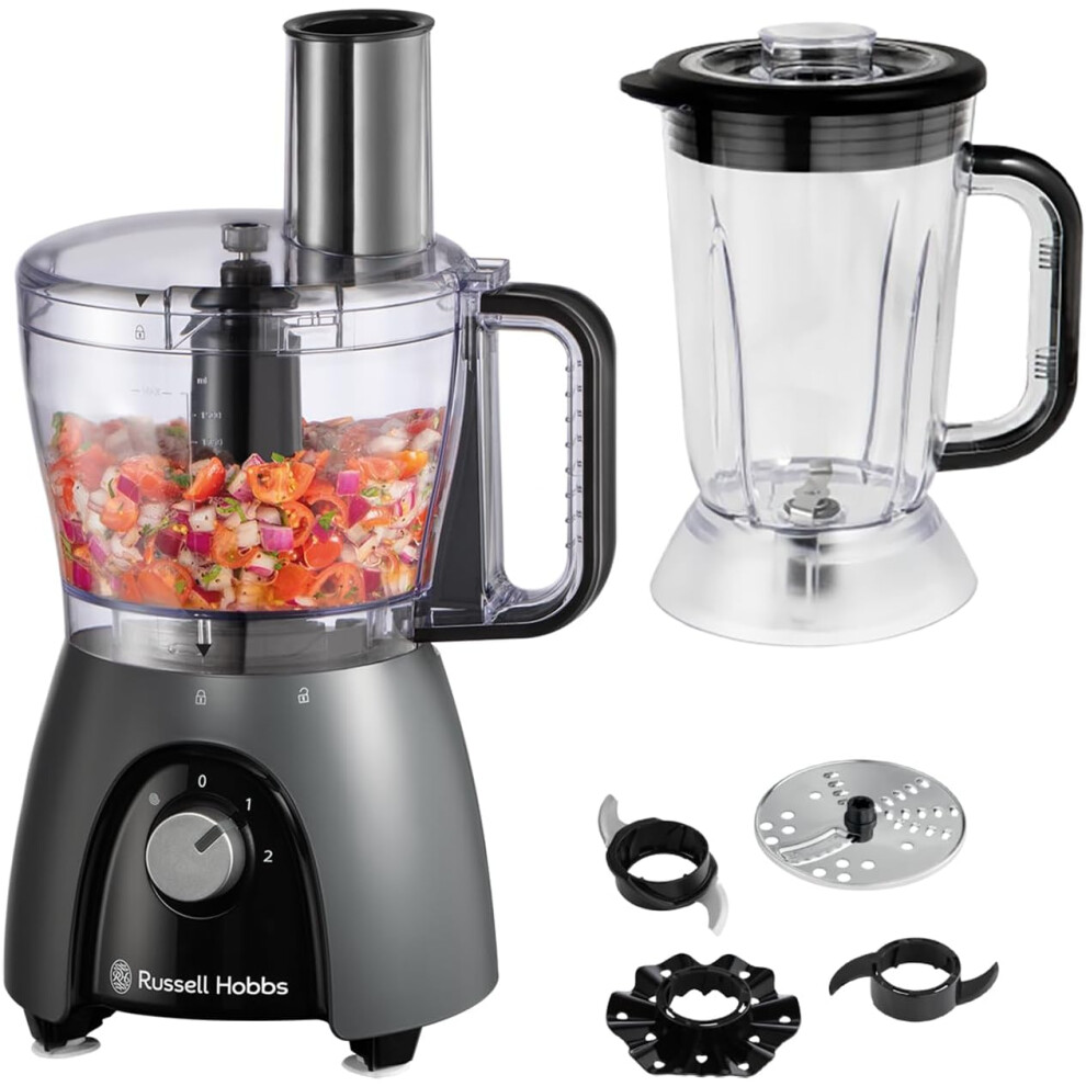 (Grey) Russell Hobbs Desire Electric Food Processor, Bowl with 1.5L usable capacity, 1.5L Plastic jug, Stainless steel blades, reversible slicin...