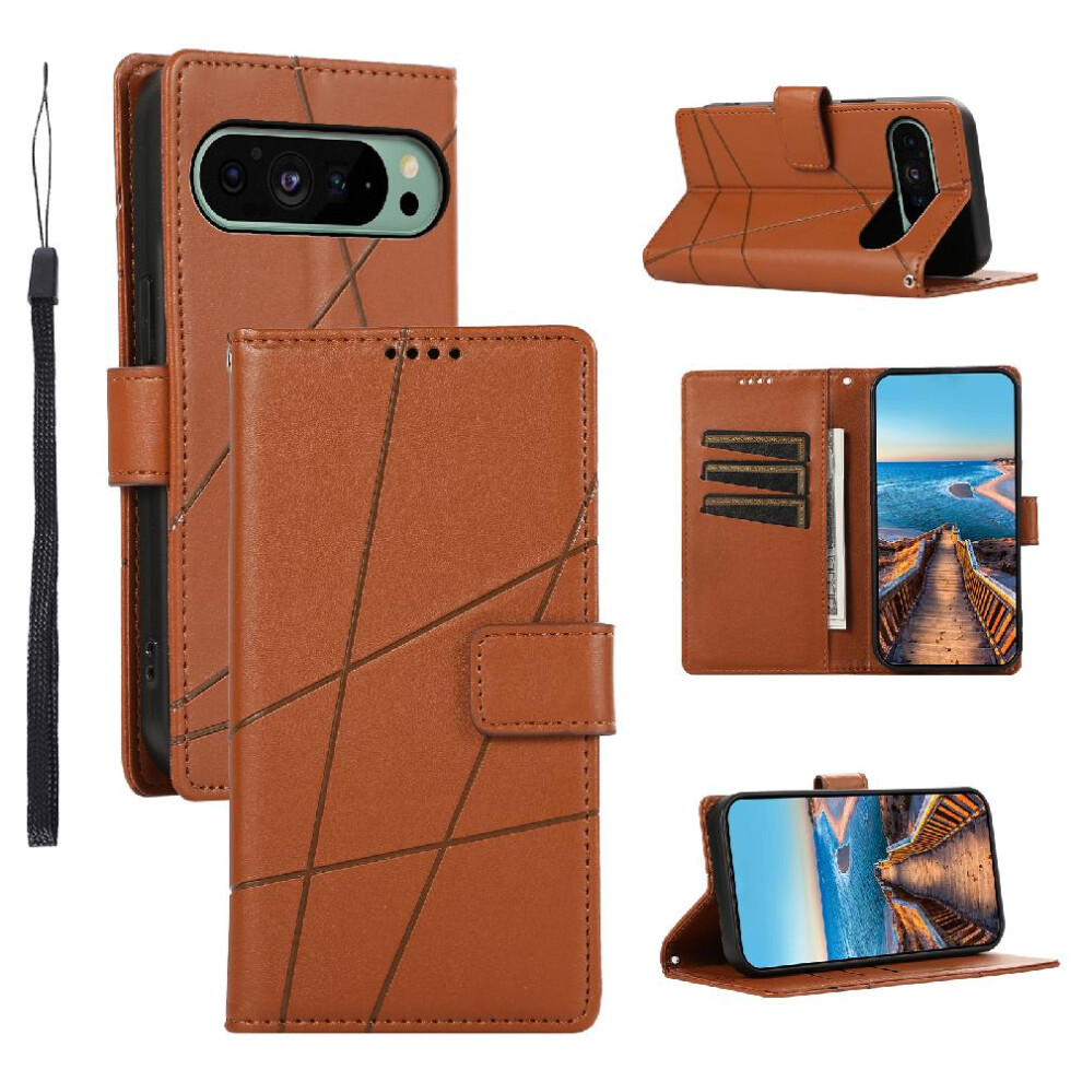 (Brown) Flip Case For Google Pixel 9 Three Card Slots Shock Absorbing Kickstand Shockproof Brown 764544164290