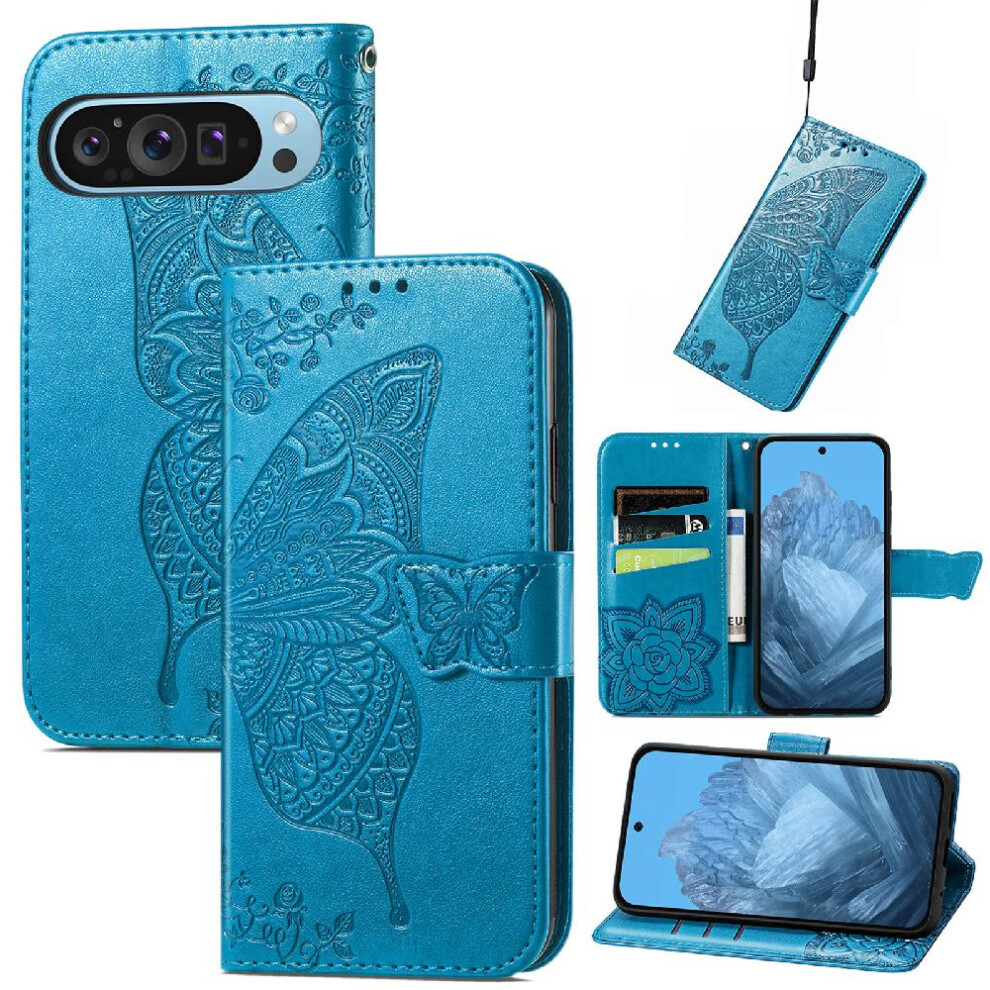 (Blue) Flip Case For Google Pixel 9 Pro 5G Wallet Butterfly Multi-Color Wing Business Blue 764544164436