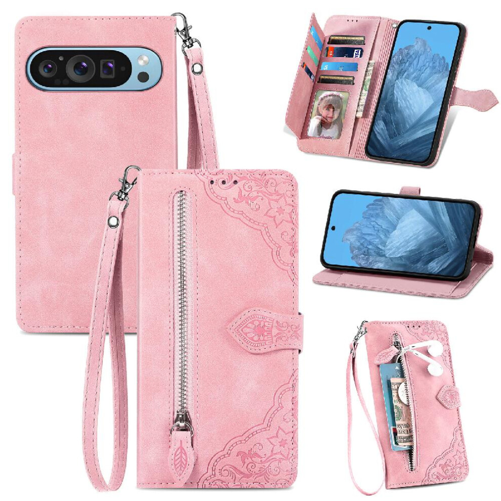 Photos - Case   for Google Pixel 9 Flip Zipper Style Multi-color Business Multi-card Slot Wallet(Pink)