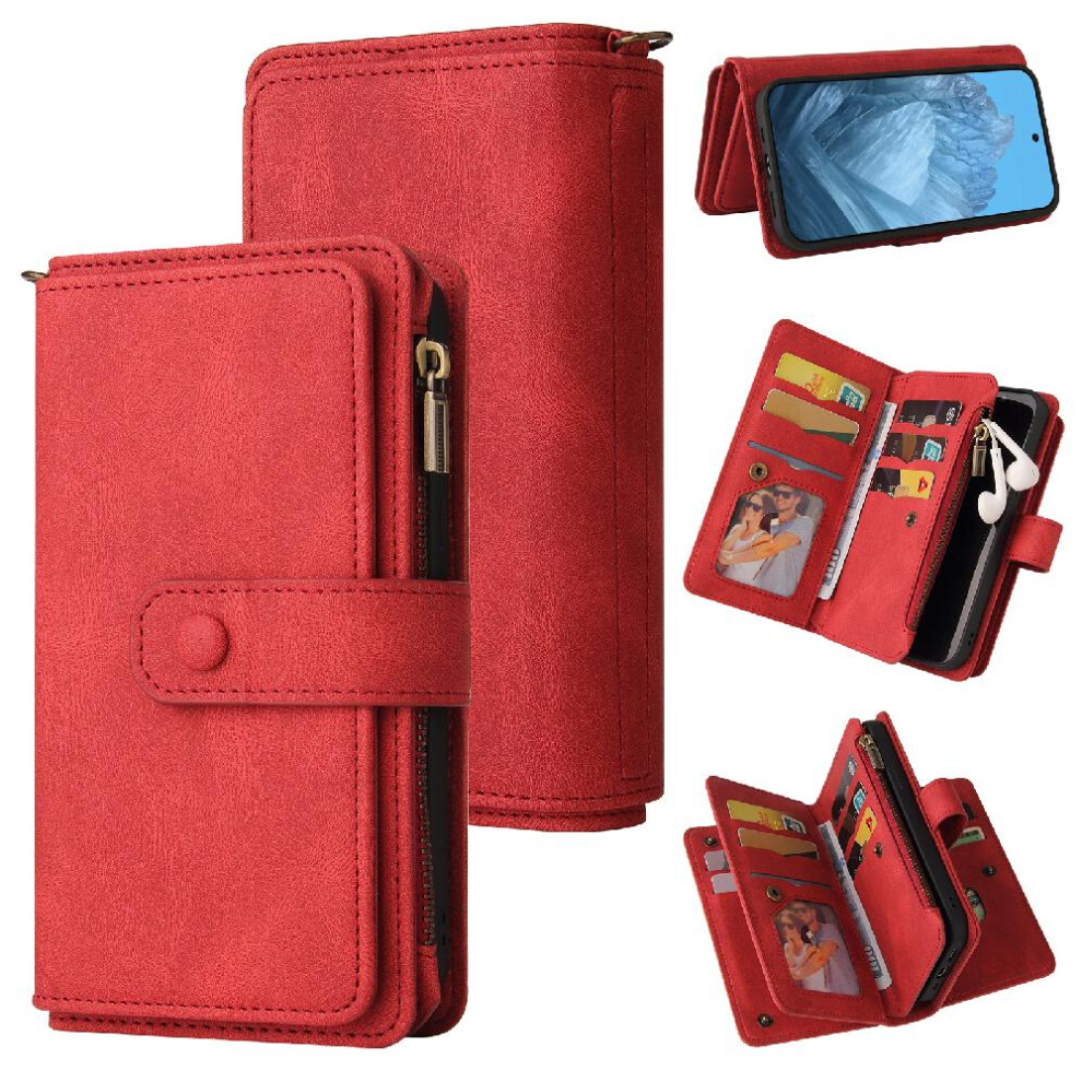 (Red) Case For Google Pixel 9 Pro 5G Pu Leather Magnetic Closure Zipper Poket With Card Slot Stand Fifteen Card Slots Red 764544166133