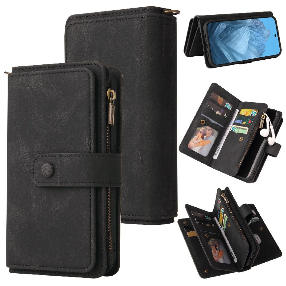 (Black) Case For Google Pixel 9 5G Pu Leather Magnetic Closure Fifteen Card Slots Zipper Poket With Card Slot Stand Black 764544166188