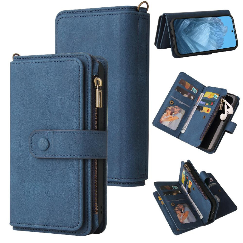 (Blue) Case For Google Pixel 9 5G Pu Leather Magnetic Closure Fifteen Card Slots Zipper Poket With Card Slot Stand Blue 764544166157