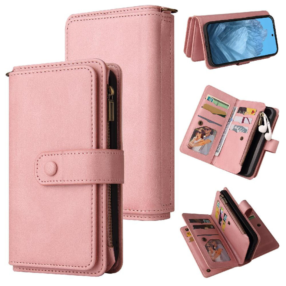 (Pink) Case For Google Pixel 9 5G Pu Leather Magnetic Closure Fifteen Card Slots Zipper Poket With Card Slot Stand Pink 764544166164