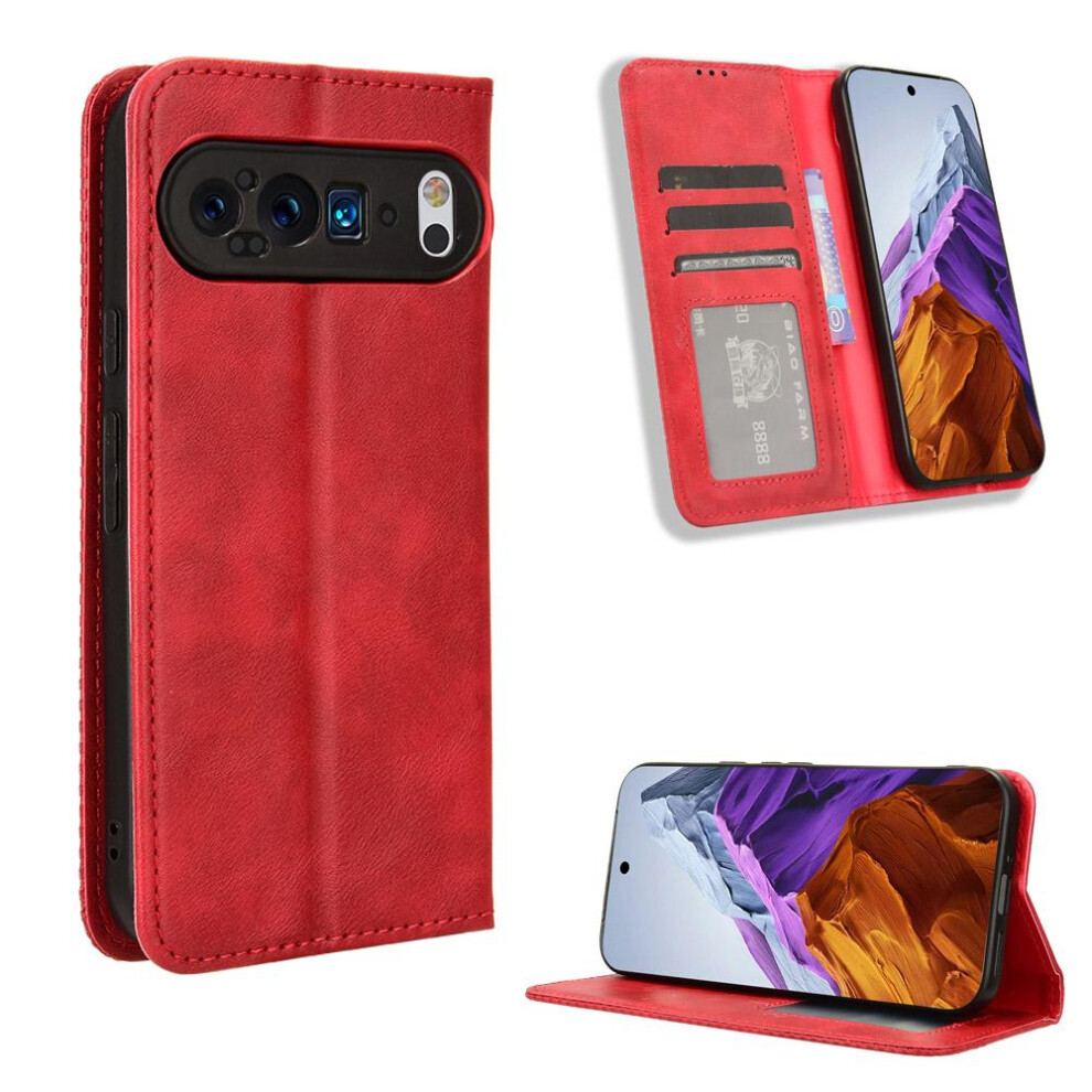 (Red) Case For Google Pixel 9 Wallet Magnetic Closure Pu Leather Red 764544167185
