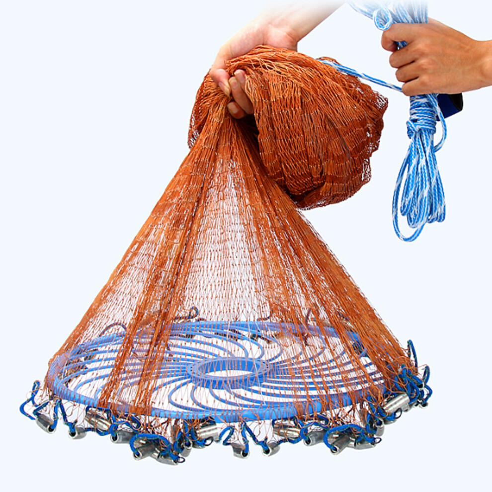(3m) 3-4.8m Netting Twine+Steel Hand Throw Cast Net American Style Brown Bait Fishing Network w/Sinker