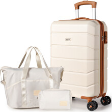 (White) Carry On Hand Suitcase Hard Shell Trolley, Lightweight Travel Cabin Luggage with TSA Lock + Travel Duffel Bag & Toiletry Bag