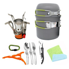 (Green) Portable Backpacking Outdoor Picnic Set Hiking Cookware Camping Pot Bowl Stove Set Burner