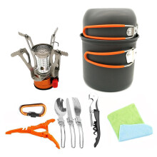(Orange) Portable Backpacking Outdoor Picnic Set Hiking Cookware Camping Pot Bowl Stove Set Burner