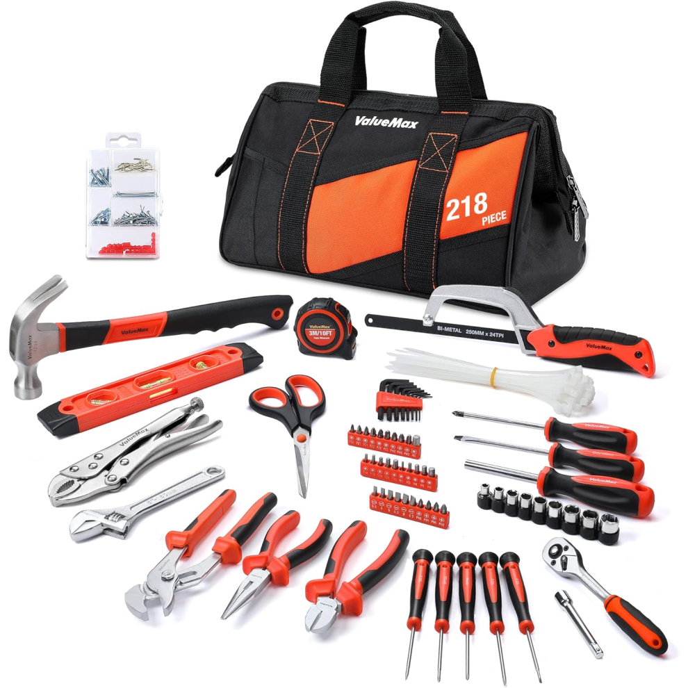 ValueMax 218PC Home Tool Kit with 13-Inch Tool Bag, Household Repair & DIY Tool Set - Including Pliers Set, Metric Sock