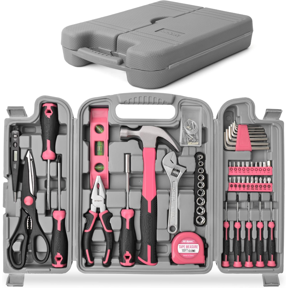 Hi-Spec Store Hi-Spec 56Pc Home & Office Diy Tool Kit Set. Complete Household Tool Box With Essential Hand Tools Included For Ba Pink