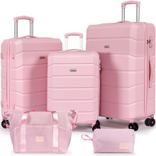(Pink) Luggage Sets of 5 Piece, Lightweight Trolley Travel Suitcase Set ABS Hard Shell with TSA Lock, 21" + 24" + 28"+ Duffel Bag & Toiletry Bag